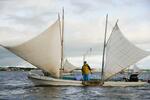 　白い帆を張り、ホッカイエビ漁をする打瀬船＝２６日午前、北海道別海町