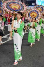 　「鳥取しゃんしゃん祭」の一斉傘踊りで、色鮮やかな傘を手に舞を披露する参加者＝１４日夕、鳥取市